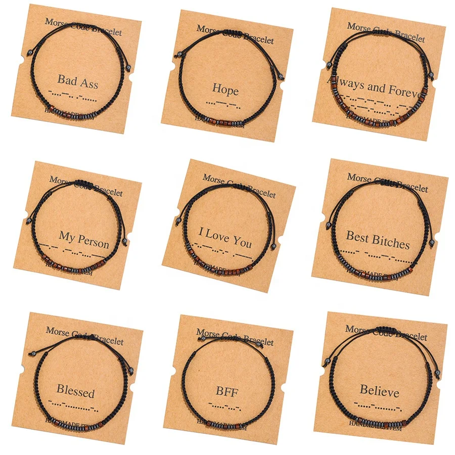 

2021 New Hot Design Morse Code Bracelet Creative Black Iron Stone Beaded Hand Woven Card Couple Bracelet, As picture