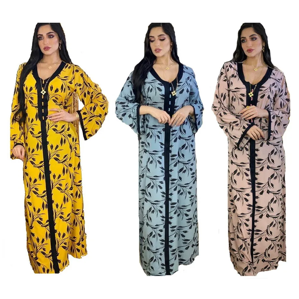 

Foma AB064 dubai ramadan muslim abaya casual clothing floral women chiffon dresses islamic long sleeve maxi dress, 3 colors