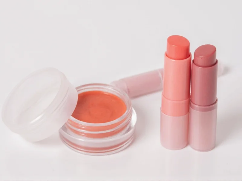 Three tinted lip balm samples in clear containers