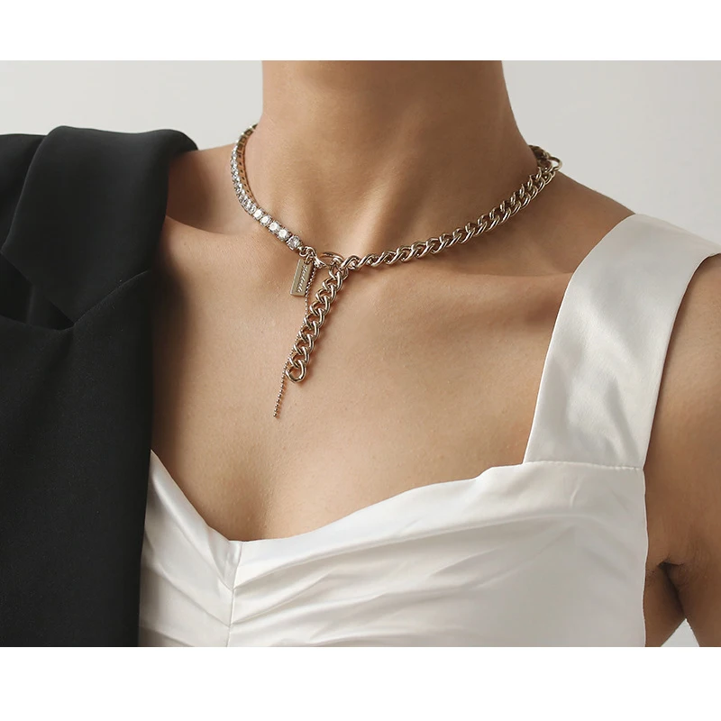 

2021 hip hop trend personality fashion metal chain zircon spliced necklace clavicle chain women