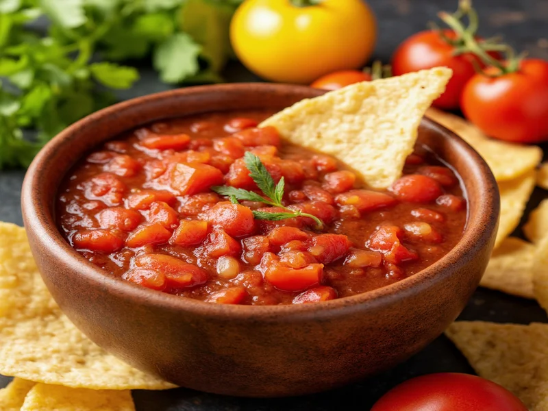 Fresh homemade tomato salsa in rustic bowl with tortilla chips
