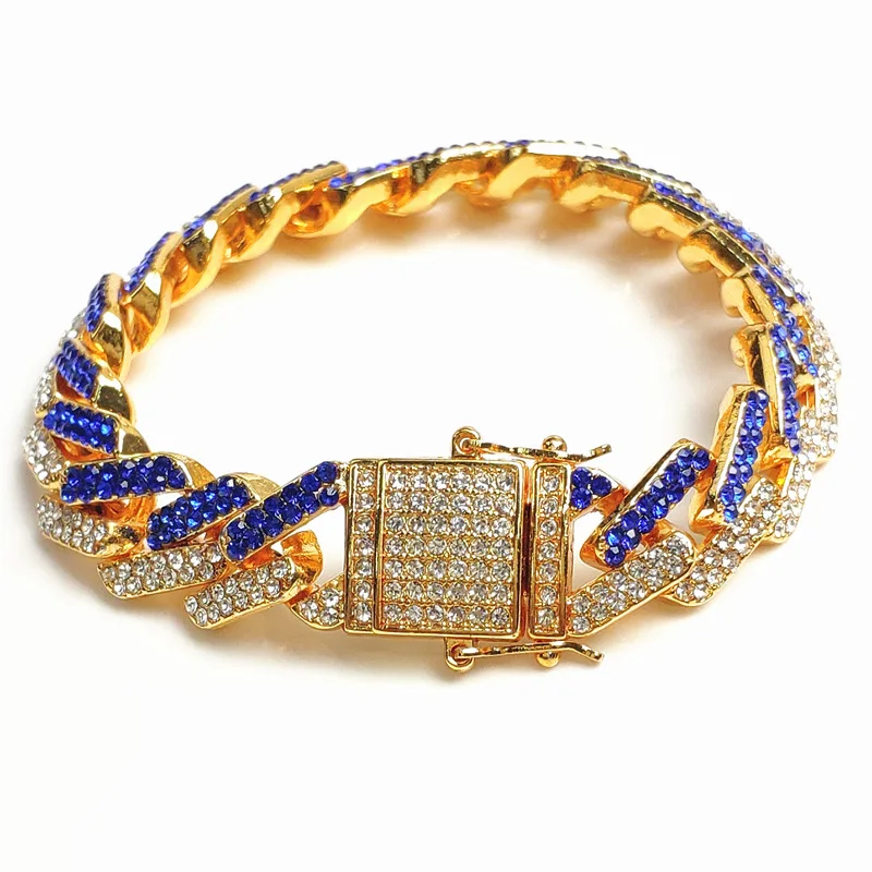 

15mm Mens Miami Diamond Iced Out CZ Cuban Bracelet Hip Hop Jewelry Gold Blue Cuban Link Bracelet for Men, Picture shows
