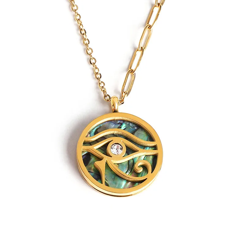 

Wholesale Custom Stainless Steel Jewelry 18K PVD Plated Abalone Shell Pendant Ancient Egyptian Eye Of The Horus Necklace
