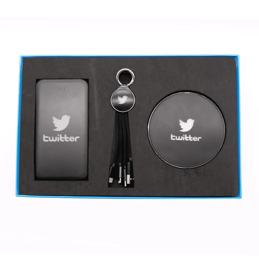 Hot Selling Black Electronic Gift Set Wireless Charger USB Cable 3 in 1 Light Logo Power Bank 4000 mAh Custom Logo