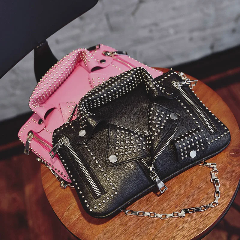 

AliExpress Hot Sale Fashion New Jacket Shaped Punk Rivet PU Leather Crossbody Bag Small Women Shoulder Bag, Pink black