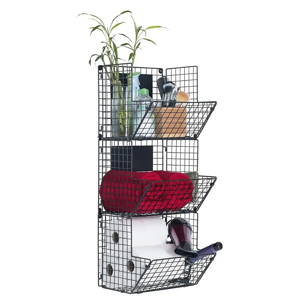 Wideny wholesale home kitchen 3 tiers black wall mounted iron metal wire mesh fruit potato storage basket