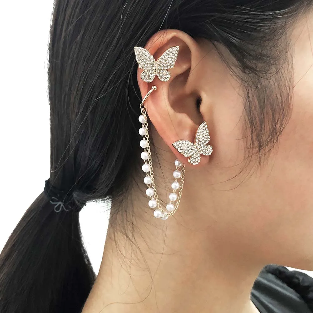 

Rhinestone chain ear clip bone hot sale irregular pearl butterfly sweet earrings for girls, As the picture shows