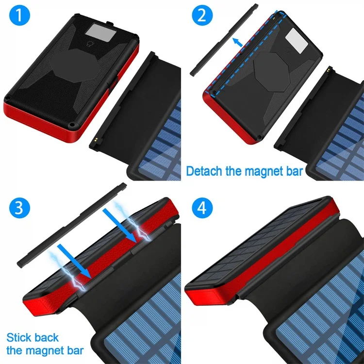 Detachable Solar Panel Qi Wireless Charger 20000mAh Portable Power Bank with Dual Output Type C Input Flashlight