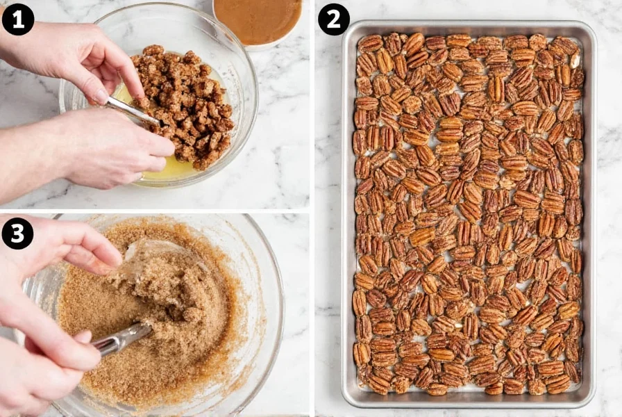 Step-by-step preparation of cinnamon sugar pecans showing raw pecans being coated with egg white mixture before baking