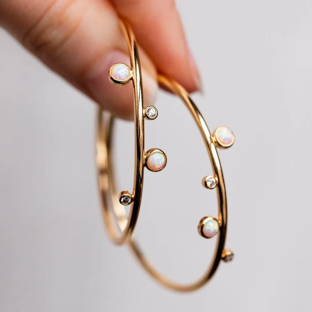 

35mm New Fashion Boho White Fire Opal Round Circle Hoop Earrings for women, Gold
