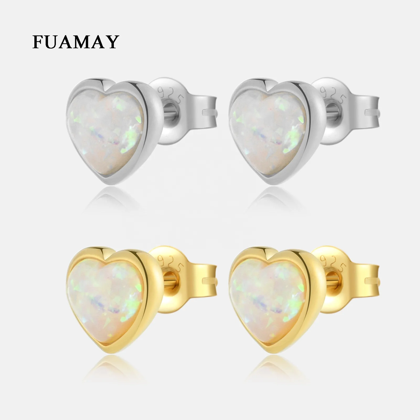 FUAMAY Woman's 7.5mm Cute Rainbow Heart Opal Stud Earrings Gold Rhodium Plated Heart Opal Earrings