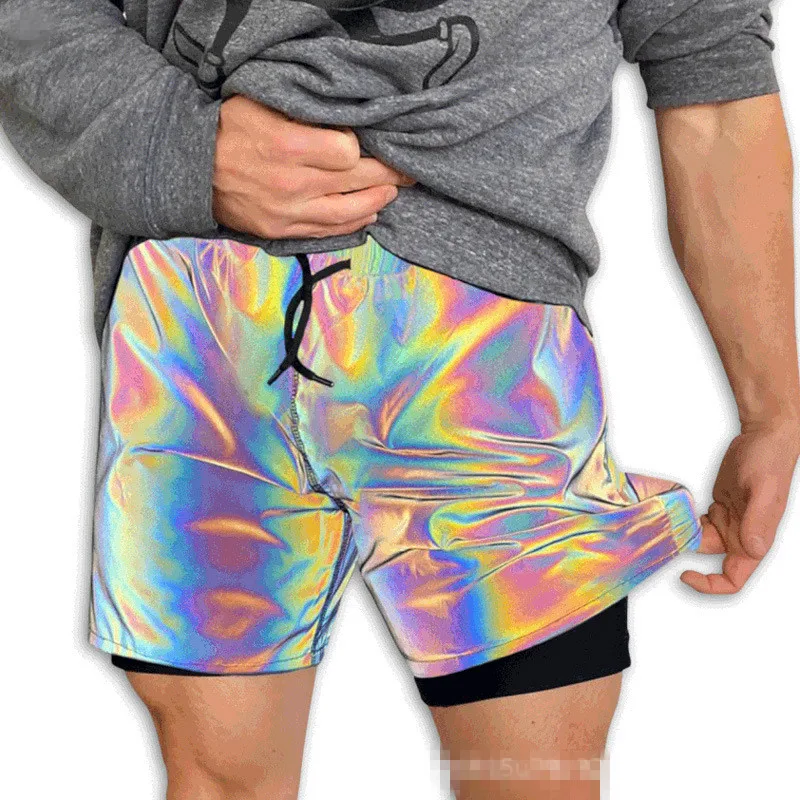

OEM Laser reflection men's 2 IN 1 gym shorts with pockets quick-drying breathable outdoor wear workout boy's running shorts