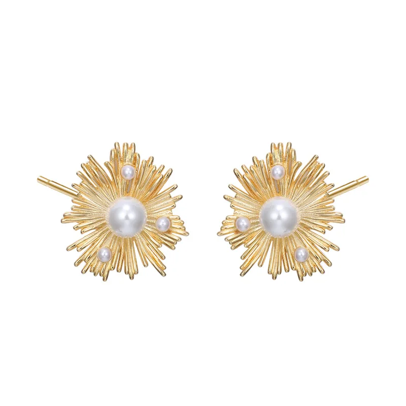 

Baroque Pearl Earrings Tarnish Resistant Jewelry Gold Plated 925 Sterling Silver Sun Radial Freshwater Pearl Stud Earrings