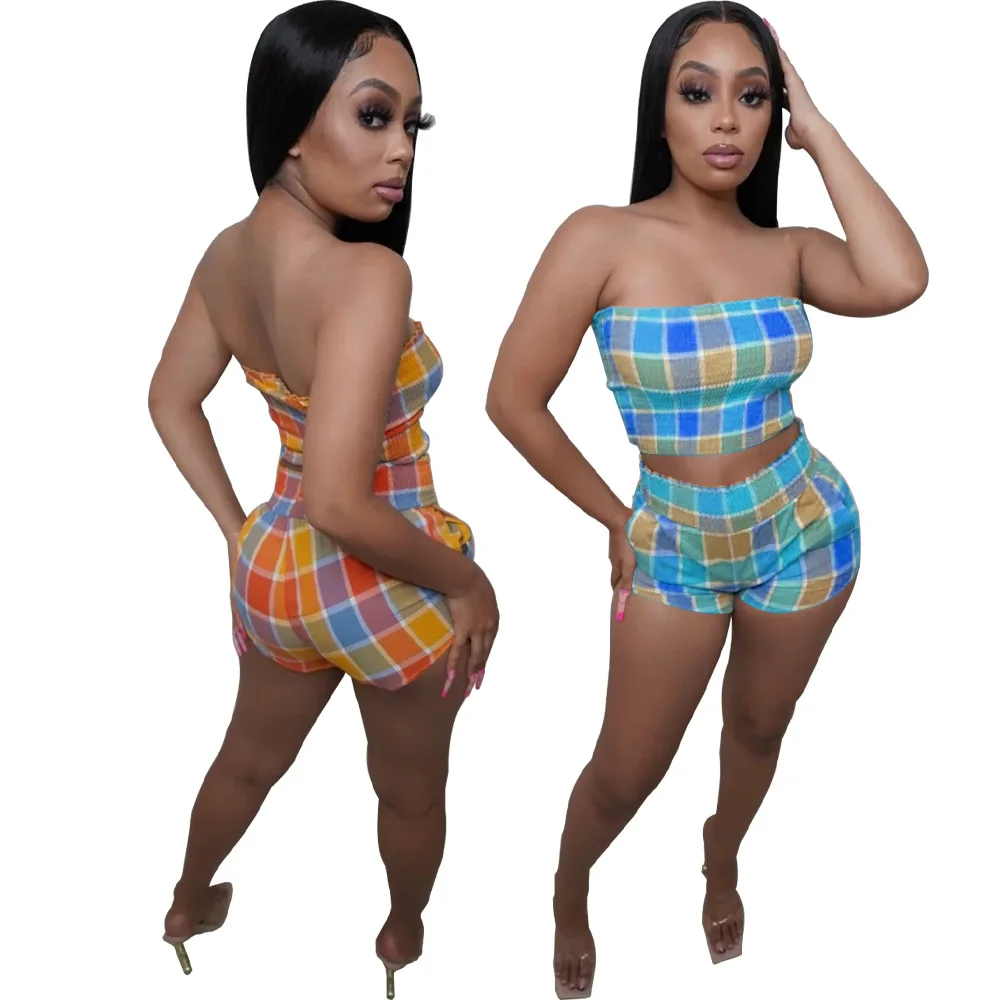 

10711-MX12 plaid mini strapless shorts sleeveless sexy two piece set women clothing sehe fashion