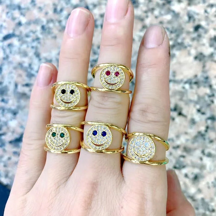 

RM1268 New 18K gold plated CZ diamond pave happy face smiley metal double band stacking Rings for Ladies