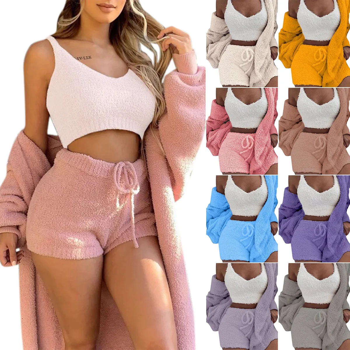 

Fall 2021 Women Clothes Fuzzy Lingerie Suit 3 Piece Sleepwear Set Winter Cozy Loungewear Sets Furry Pajamas For Women Set, Picture shows