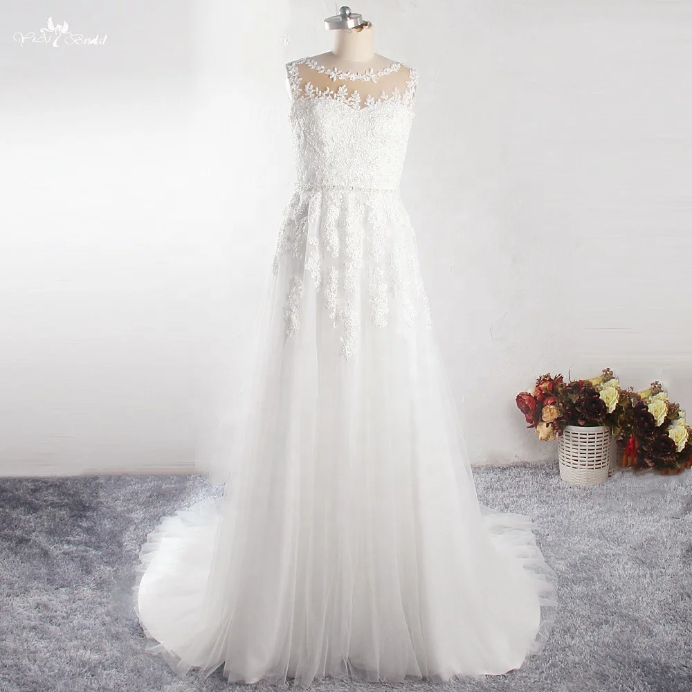 

LZ352 Yiai New Design O-Neck Sleeveless Long Wedding Dress Beaded Chapel Train Soft Tulle Bridal Gowns Robe De Soiree, Custom color
