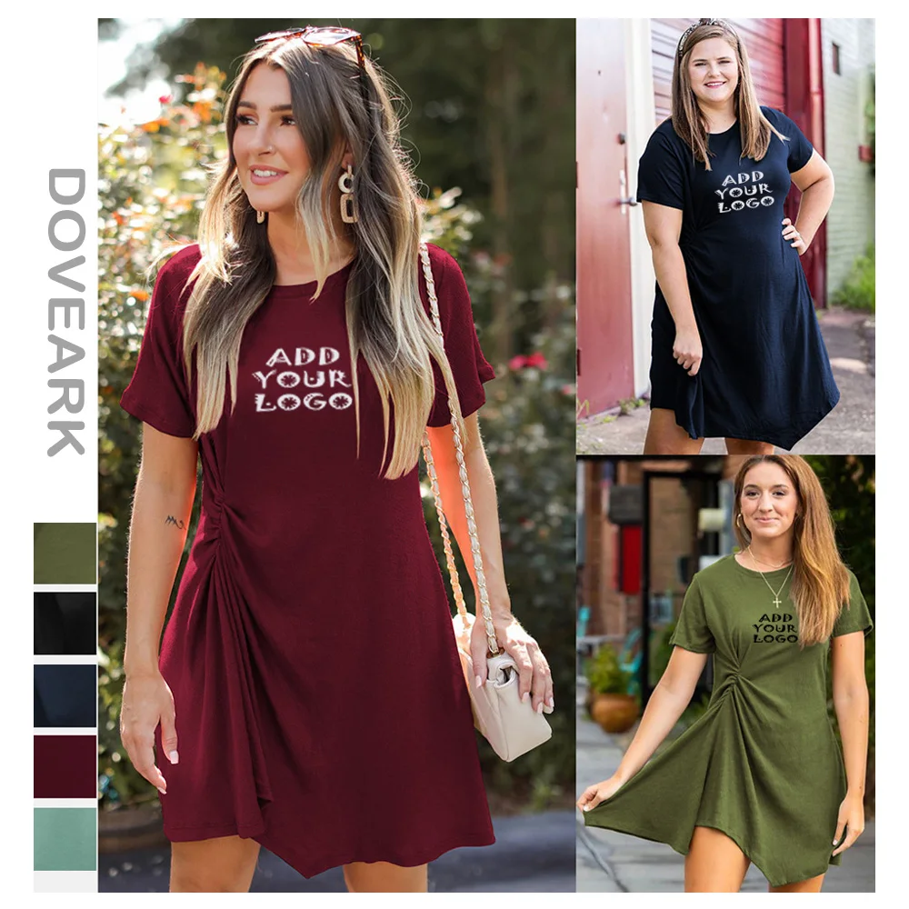 

Women Summer Hot New Custom Solid Color Casual Round Collar Pullover Short Sleeve T-shirt Dress Fashionable Pleated Skirt