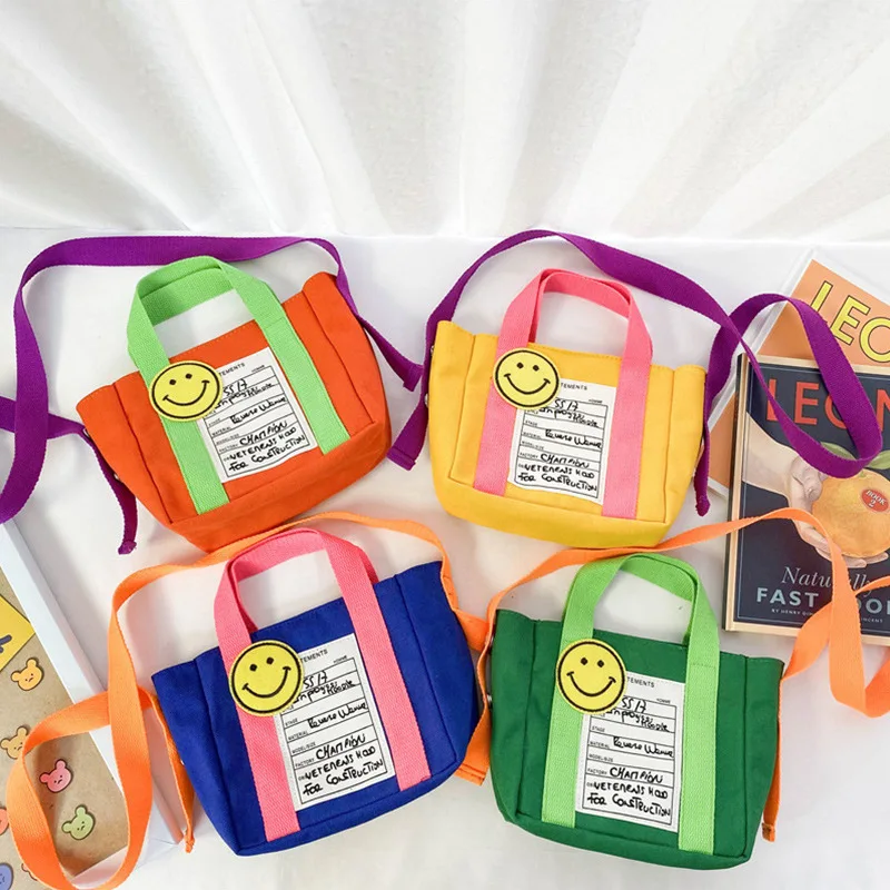 

Korean INS Trend Kid Jelly Candy Color Embroidery Smile Patch Canvas Tote Purse Cute Leisure Parent-child Travel Shoulder Bag