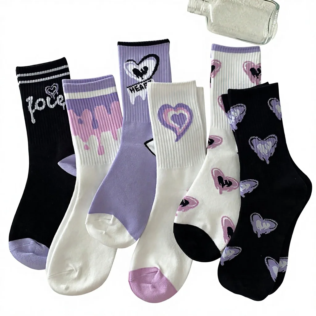 Qichuan Custom Purple Women's Mid-Length Sports Polyester Socks Versatile American Cartoon Letter Anti-Bacterial Feature for Ins