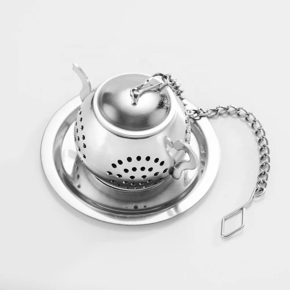 

Custom Teapot Shape Stainless Steel Loose Leaf Tea Ball Infuser Strainer with Chain and Drip Tray, Silver