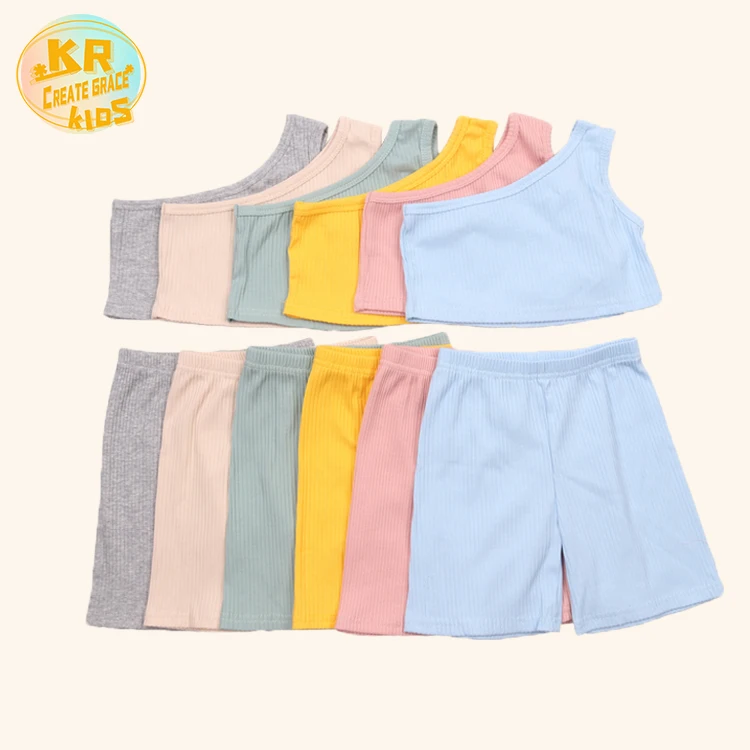 

Multi-color Kids Clothing Custom One Shoulder Little Girls Fashion Outfits Summer Clothing Set