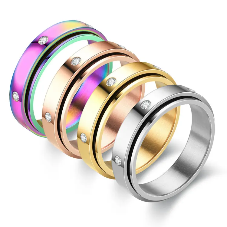 SC Minimalist Inlaid Diamond Anxiety Rings Couple Jewelry 18K Gold Plated Rotated Stainless Steel Spin Fidget Rings Women Men