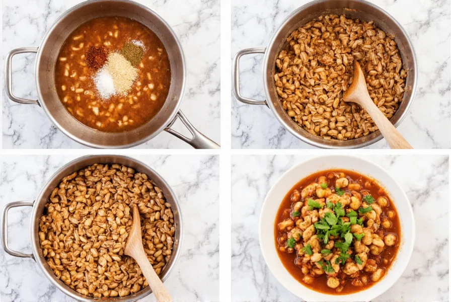 Step-by-step white bean turkey chili cooking process showing browning turkey, adding spices, and final plated dish with toppings
