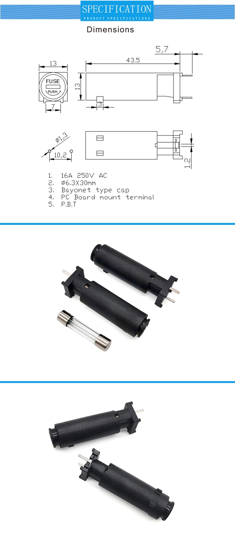 H3 60 H3 60a Bayoneta Tipo Pbt 16a 250v Ac Pcb 6x30x6x30mm 6 3x30mm De