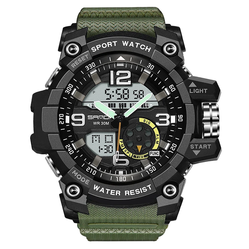 

Analog Digital Backlight Watches Mens Waterproof Analog Quartz Sanda 759 Unique Army Green Gents Sport Wrist Watch For Boys