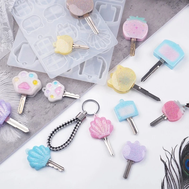

New Cute Cat Bear Shell Shape Key Tag Resin Mold Key Covers cover Epoxy Resin Casting Mold Animals Key Identifier Mould Tools, White