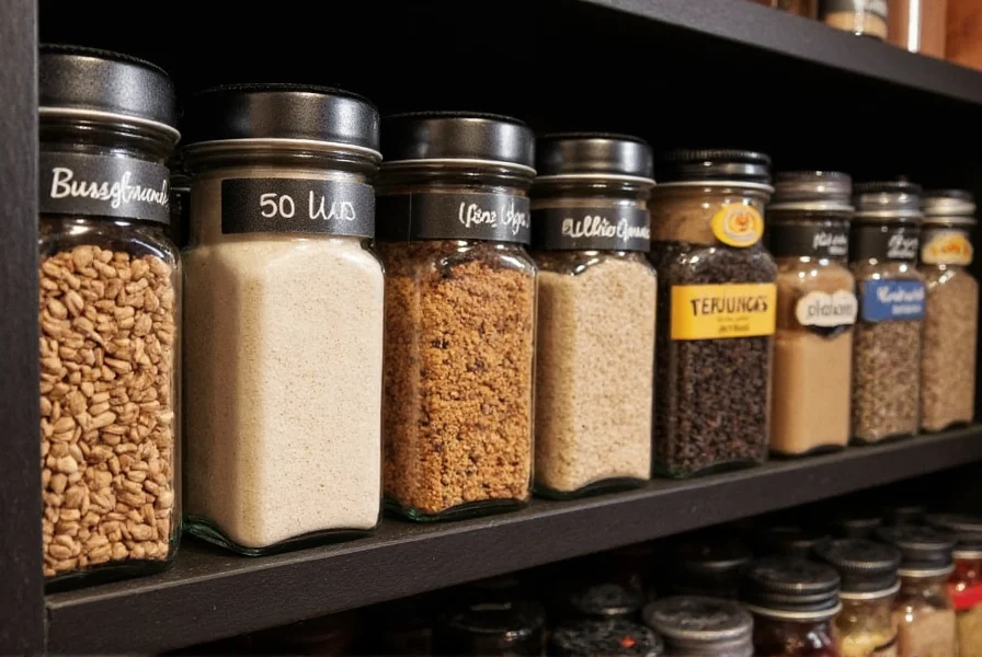Proper spice storage containers with labels for cumin substitutes showing airtight glass jars in a dark cupboard