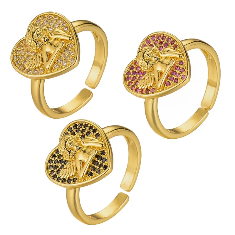 

Vintage Style Real Gold Plated Multi Color CZ Heart Rings Colorful Cubic Zircon Angel Adjustable Rings For Women Girl