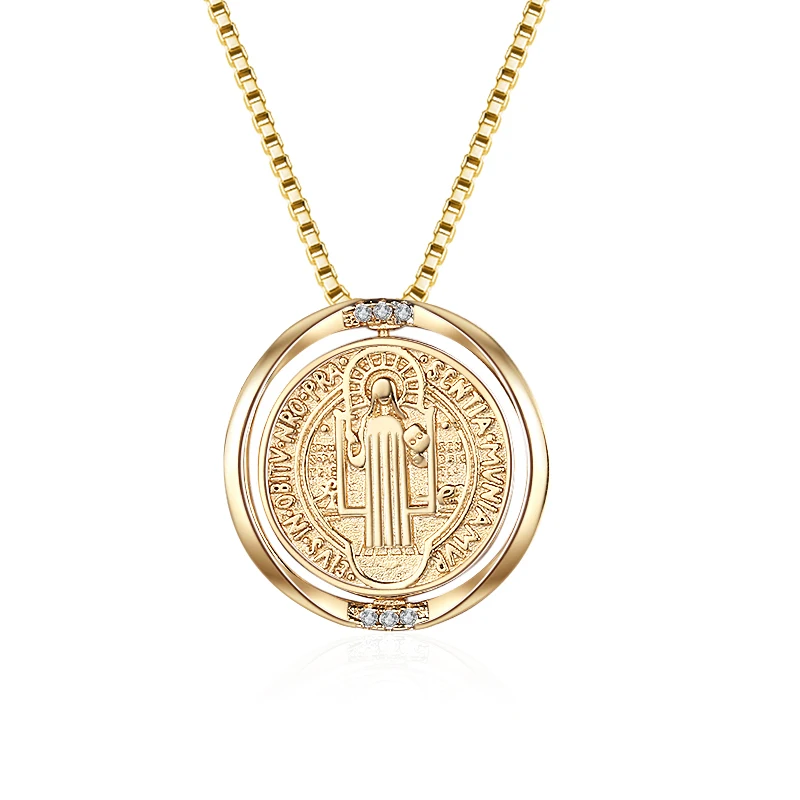 

Fashion Gold Saint Benedict Medal Double Sided Rotation Pendant Necklace Exorcism Necklace Christian Catholic Jewelry, Golden