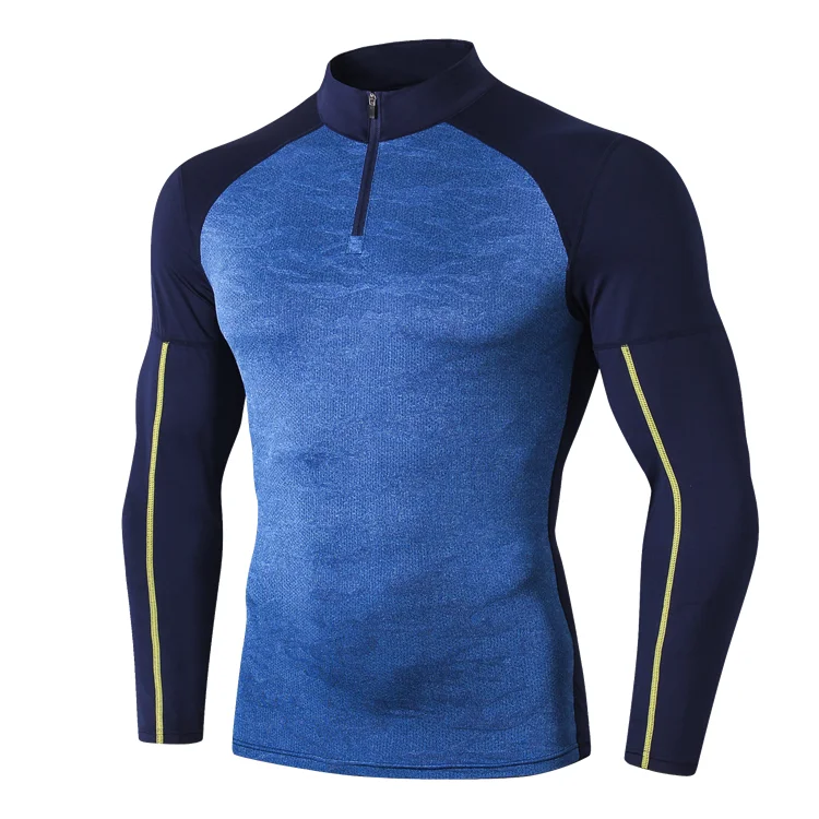 

New Workout Thin Long Sleeves Men Fitness T shirt Pullover Half Zip Men Gym Running Sports T shirt, As show or custom