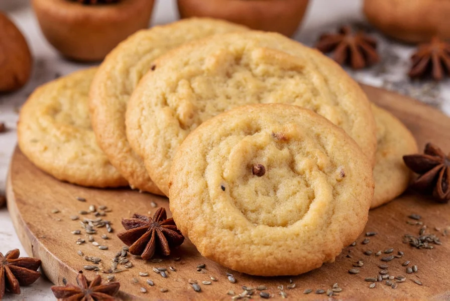 Traditional Greek melekouni cookies arranged on a wooden board with whole anise seeds scattered around