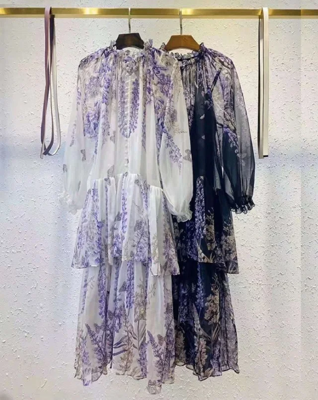 

New 2021 Summer Long Dress High Quality Women Purple Floral Print Belt Deco Long Sleeve Casual Long Maxi Dress Bohemian Beach