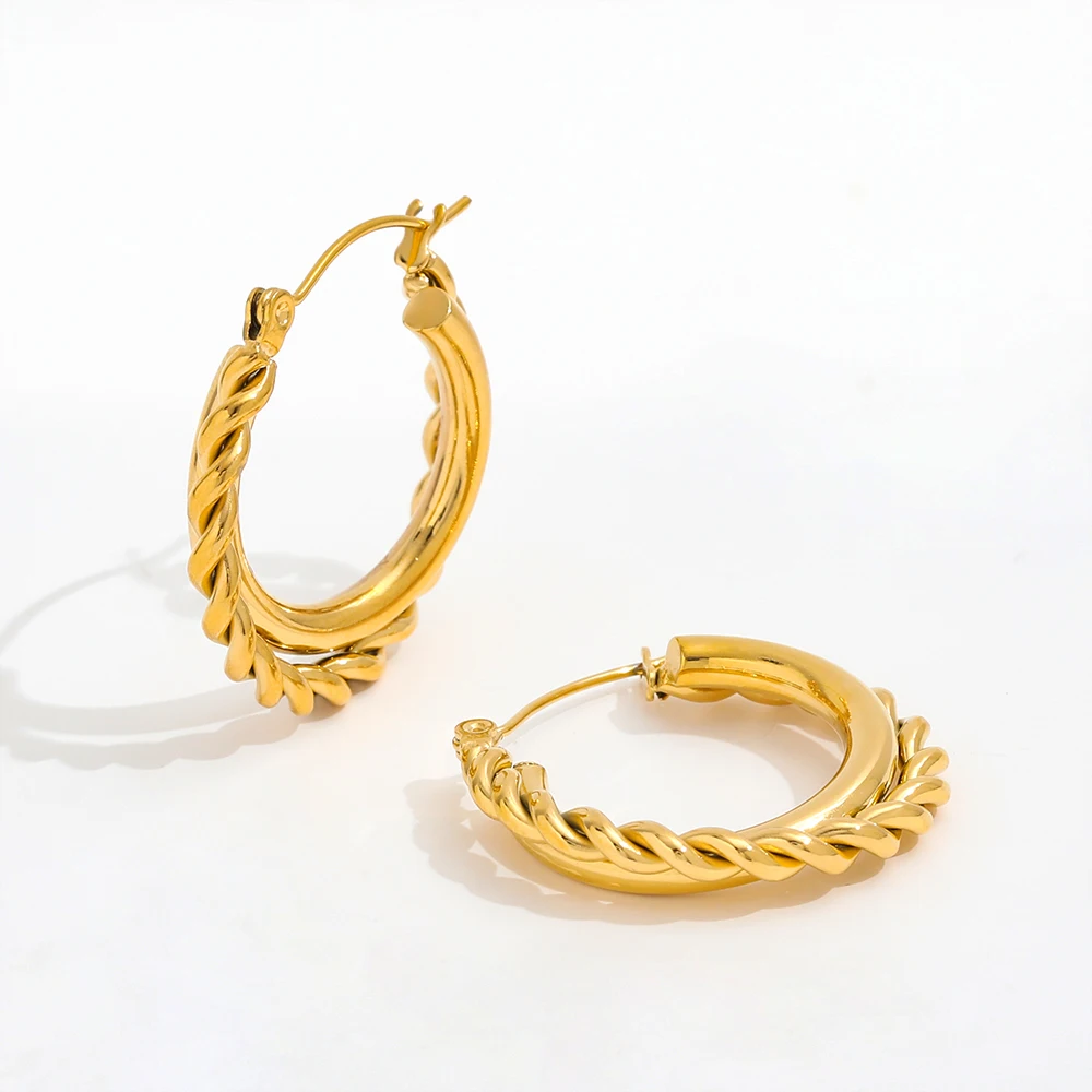 

JOOLIM High End 18K Gold Plated Rope Twisted Chunky Layered Cross Hoop Earrings Jewelry Stainless Steel for Women