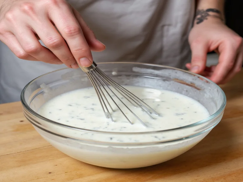 Chef whisking homemade ranch dressing in glass bowl