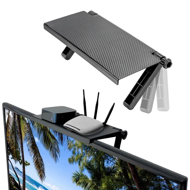 

Amazon hot sale adjustable TV screen caddy top shelf monitor mount organizer screen storage rack, Black