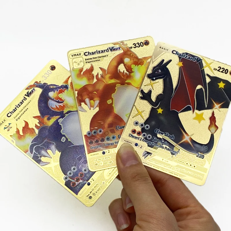 

High Quality Gold Metal Charizard Card Custom Design Pikachu Vmax Trading Game Card