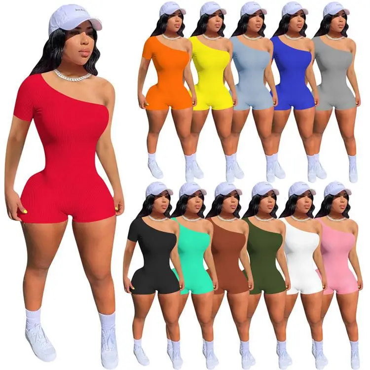 

Fashion Female Short Rompers One Shoulder Ribbed Summer Women Bodycon Jumpsuits, Picture