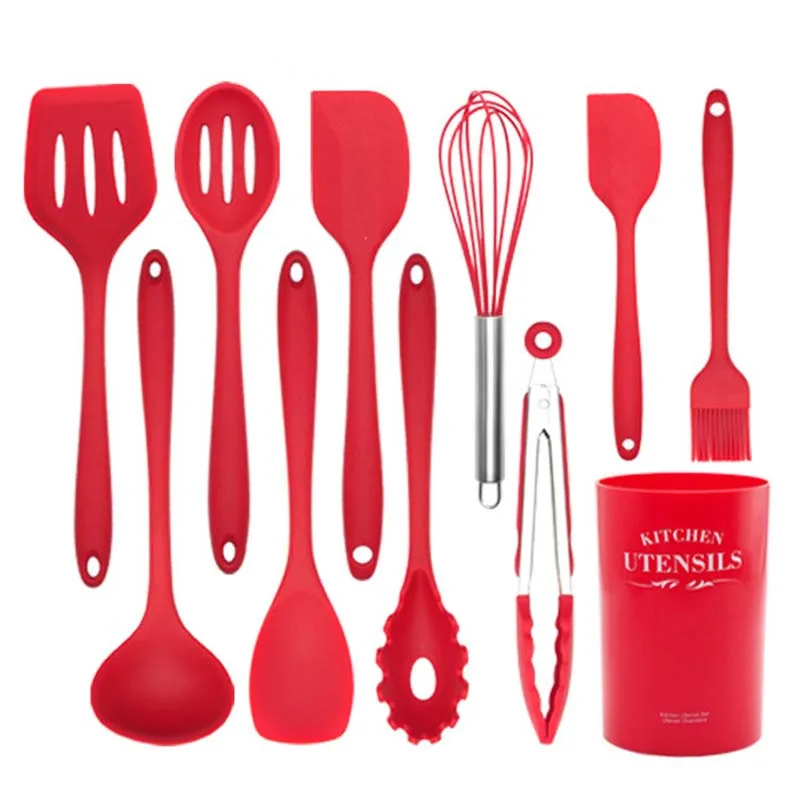 

11 Pieces In 1 Set Kitchen Tools Stand Kitchenware Spatula Silicone Cooking Utensils Set, Black, red