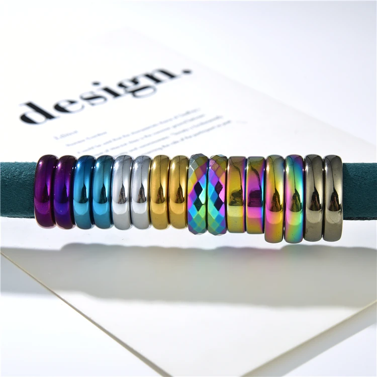 

Hot Selling Rainbow Color Plating non-Magnetic Hematite Stone Finger Rings For Men and Women