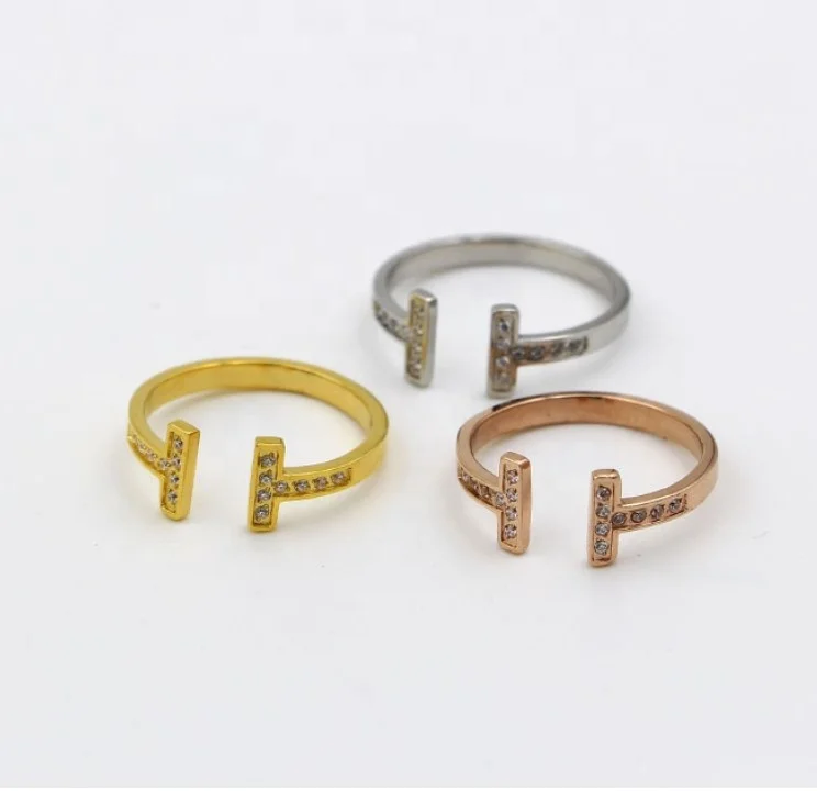 

wholesale custom fashion jewelry stainless steel double T brand letter crystal opened rings for women, All common color are available