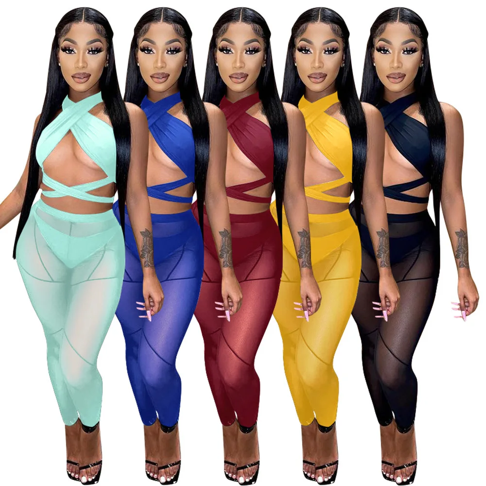 

3 Piece Mesh Set Women Sexy Halter Top Outfits with Panties Summer 2022 Women Clothing