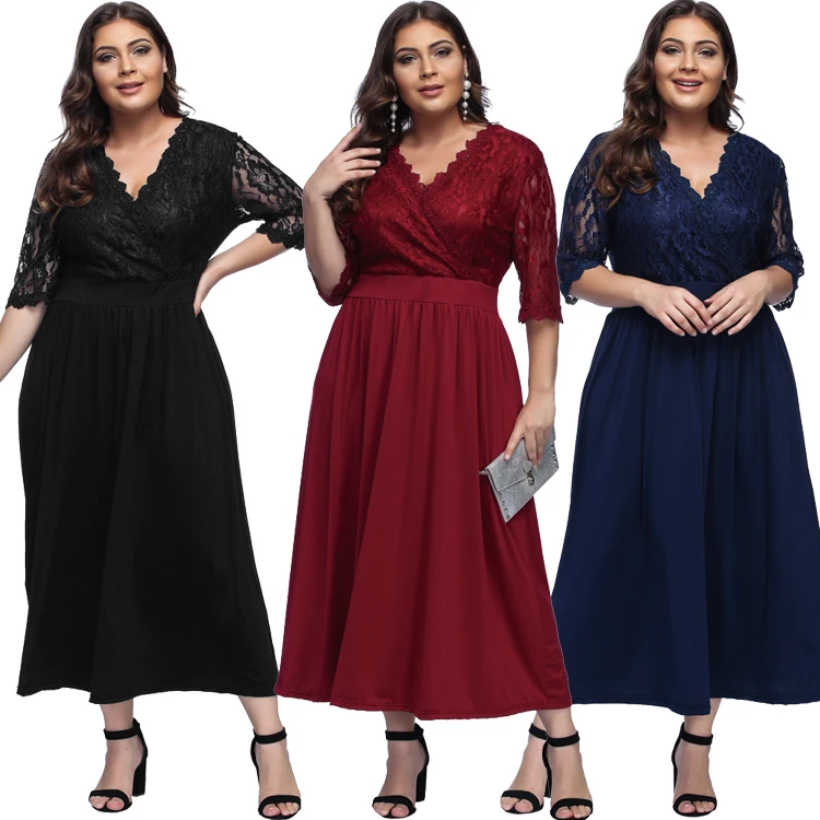 

New Design Wholesale Wrap V Neck Plus Black Midi Dress Lace Sleeve dress plus size dress skirts for women