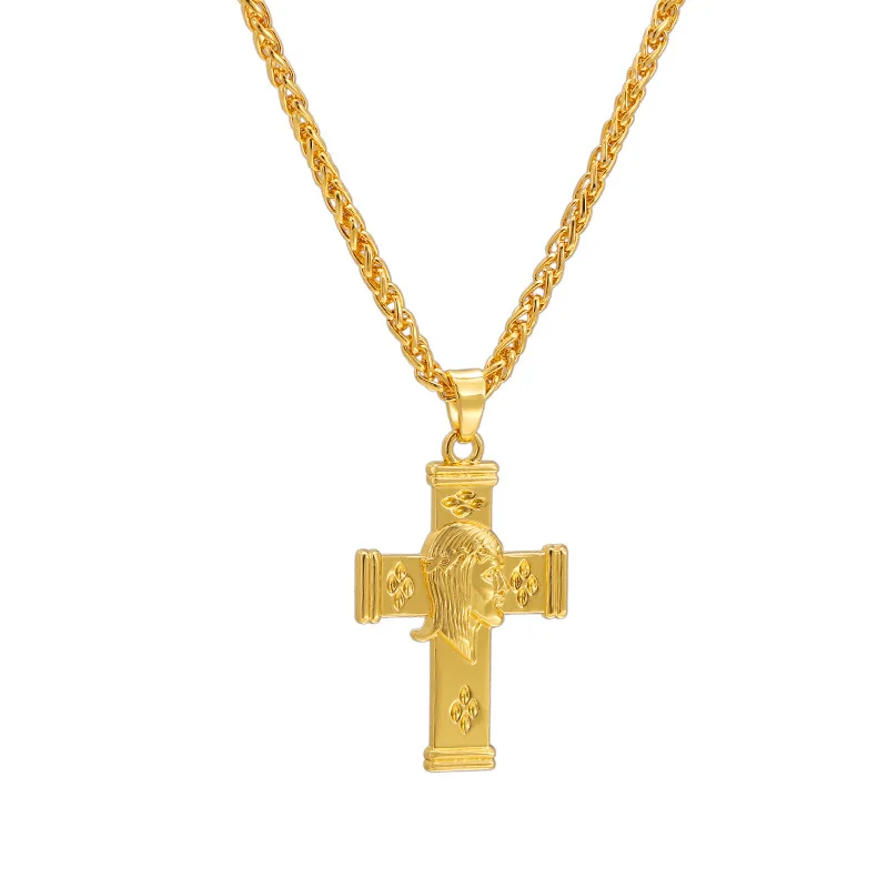 

Hip Hops 24K Gold Plated Jesus Cross Pendant Necklace Carved Jesus Portrait Crucifix Cross Necklace For Men