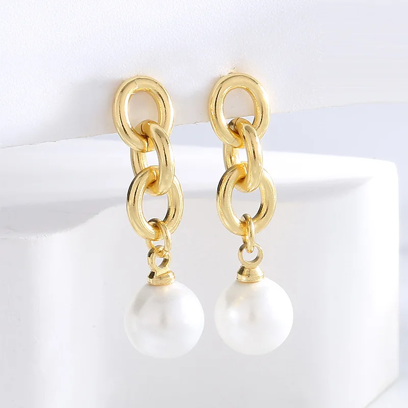 

Simple new 18K gold plated brass chain pearl pendant earrings