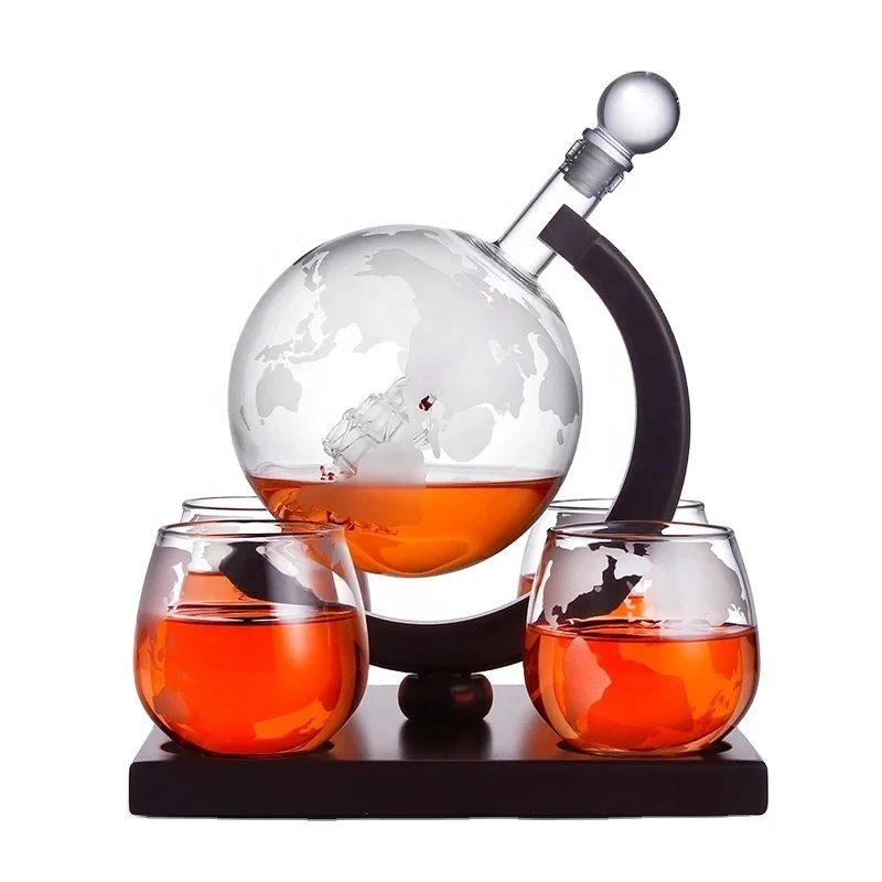 

Earth whiskey glass decanter with wooden stand